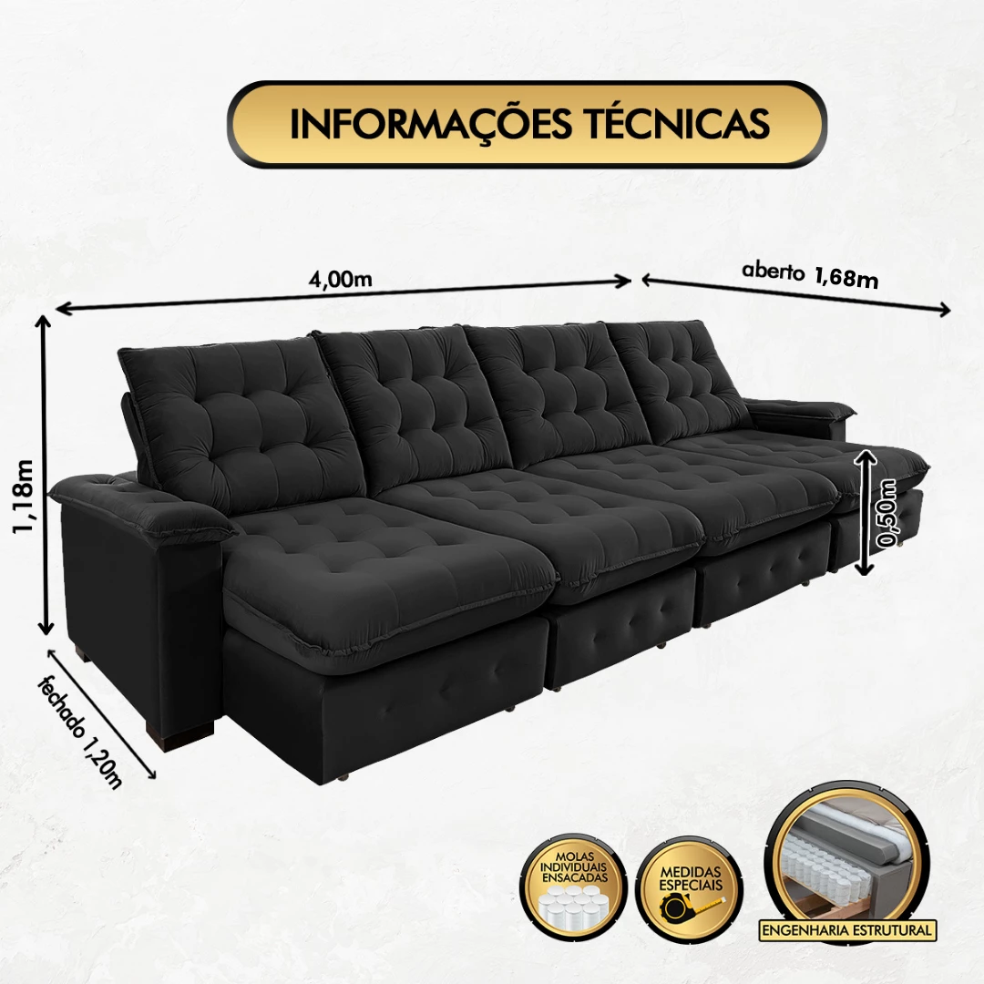 Sofá Coliseu 4,00m Retrátil e Reclinável Super Pillow - Preto