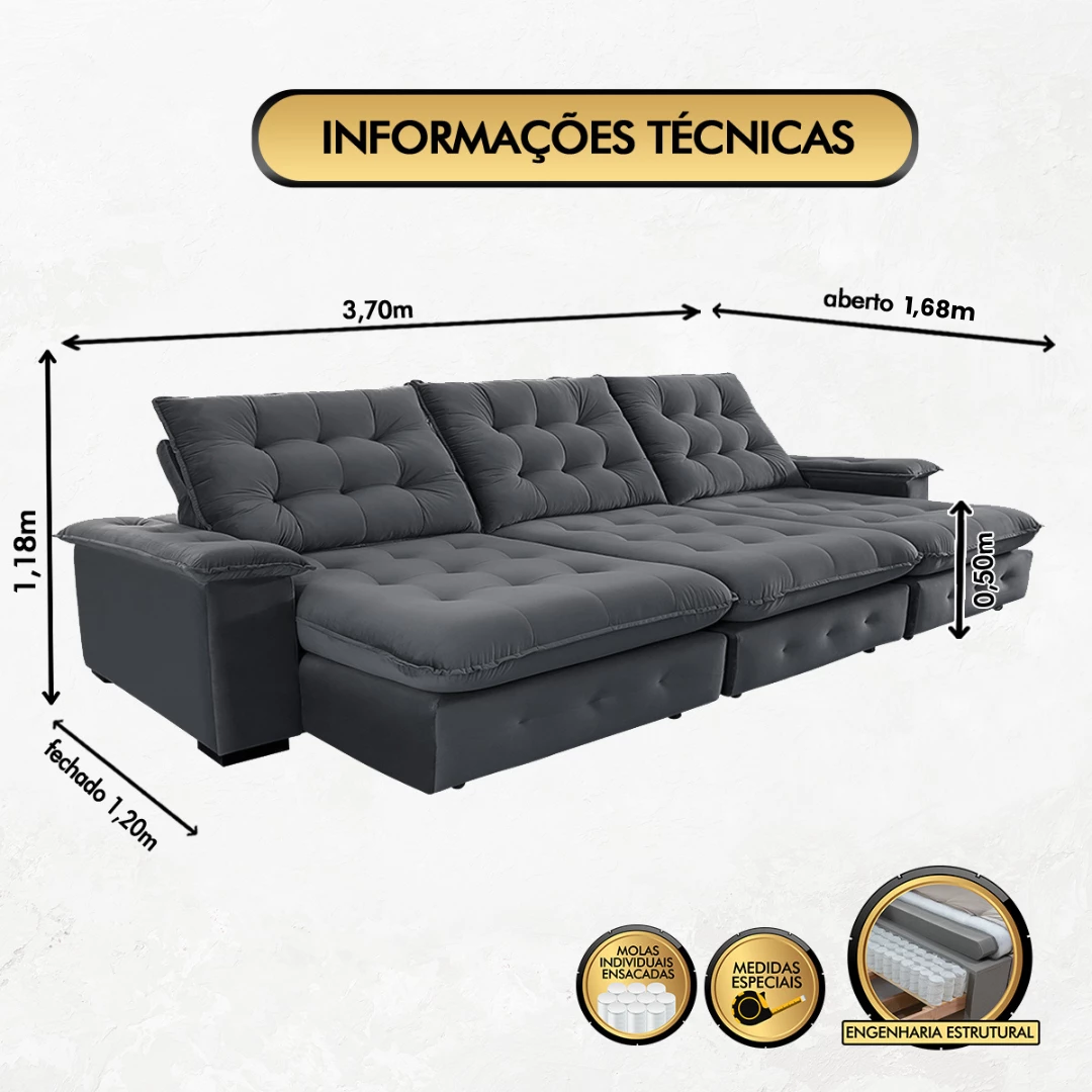 Sofá Coliseu 3,70m Retrátil e Reclinável Super Pillow - Chumbo