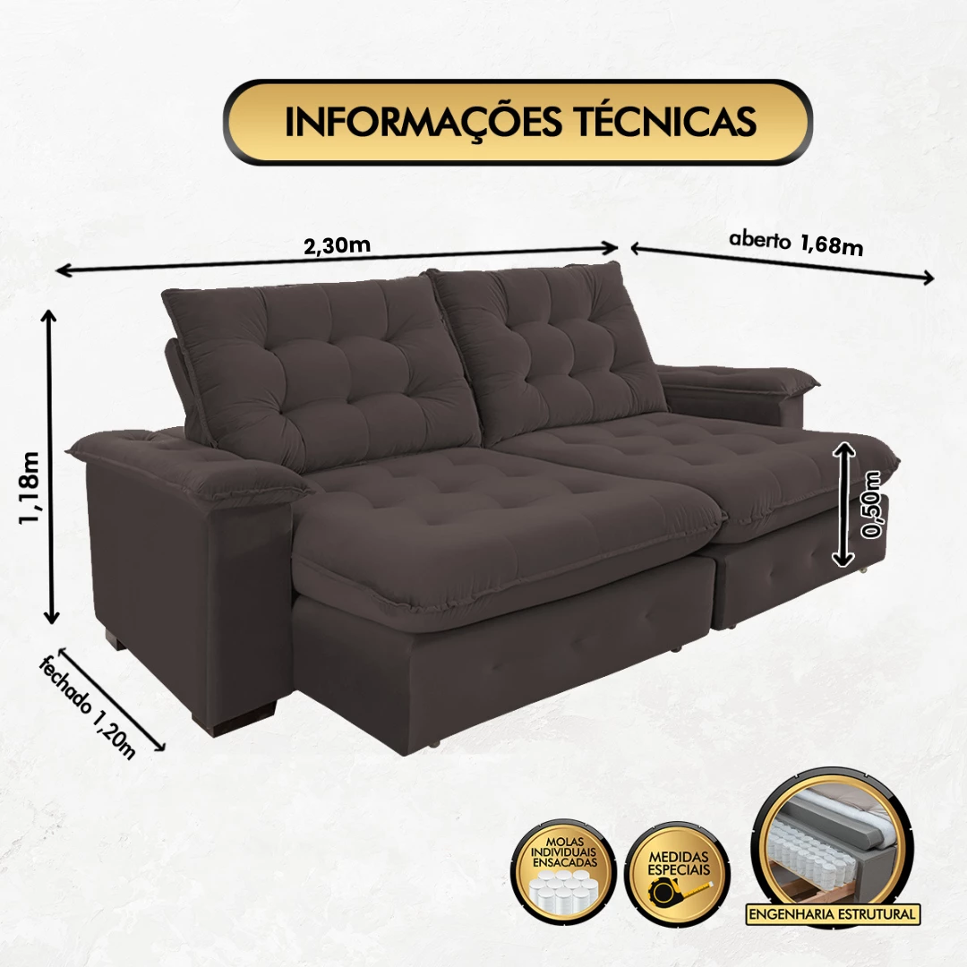 Sofá Coliseu 2,30m Retrátil e Reclinável Super Pillow - Marrom