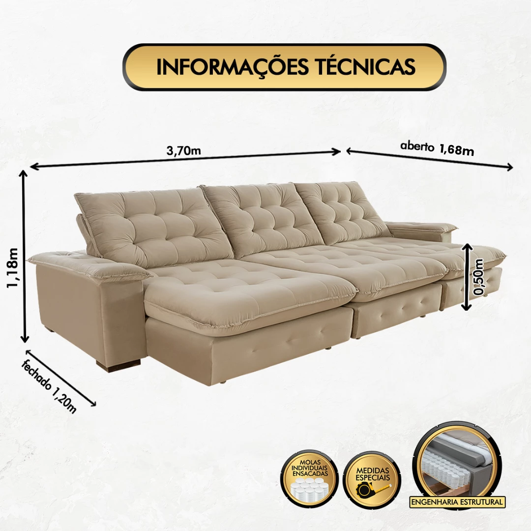 Sofá Coliseu 3,70m Retrátil e Reclinável Super Pillow - Avelã
