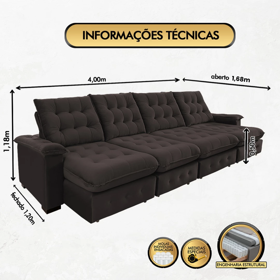 Sofá Coliseu 4,00m Retrátil e Reclinável Super Pillow - Marrom