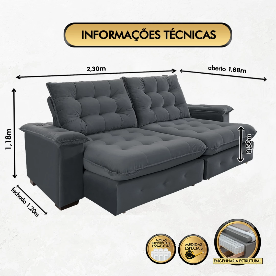 Sofá Coliseu 2,30m Retrátil e Reclinável Super Pillow - Chumbo