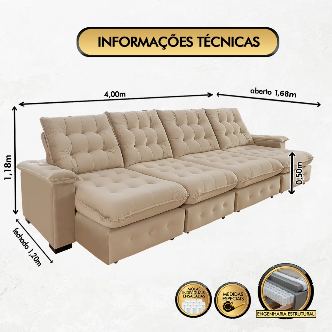 Sofá Coliseu 4,00m Retrátil e Reclinável Super Pillow 