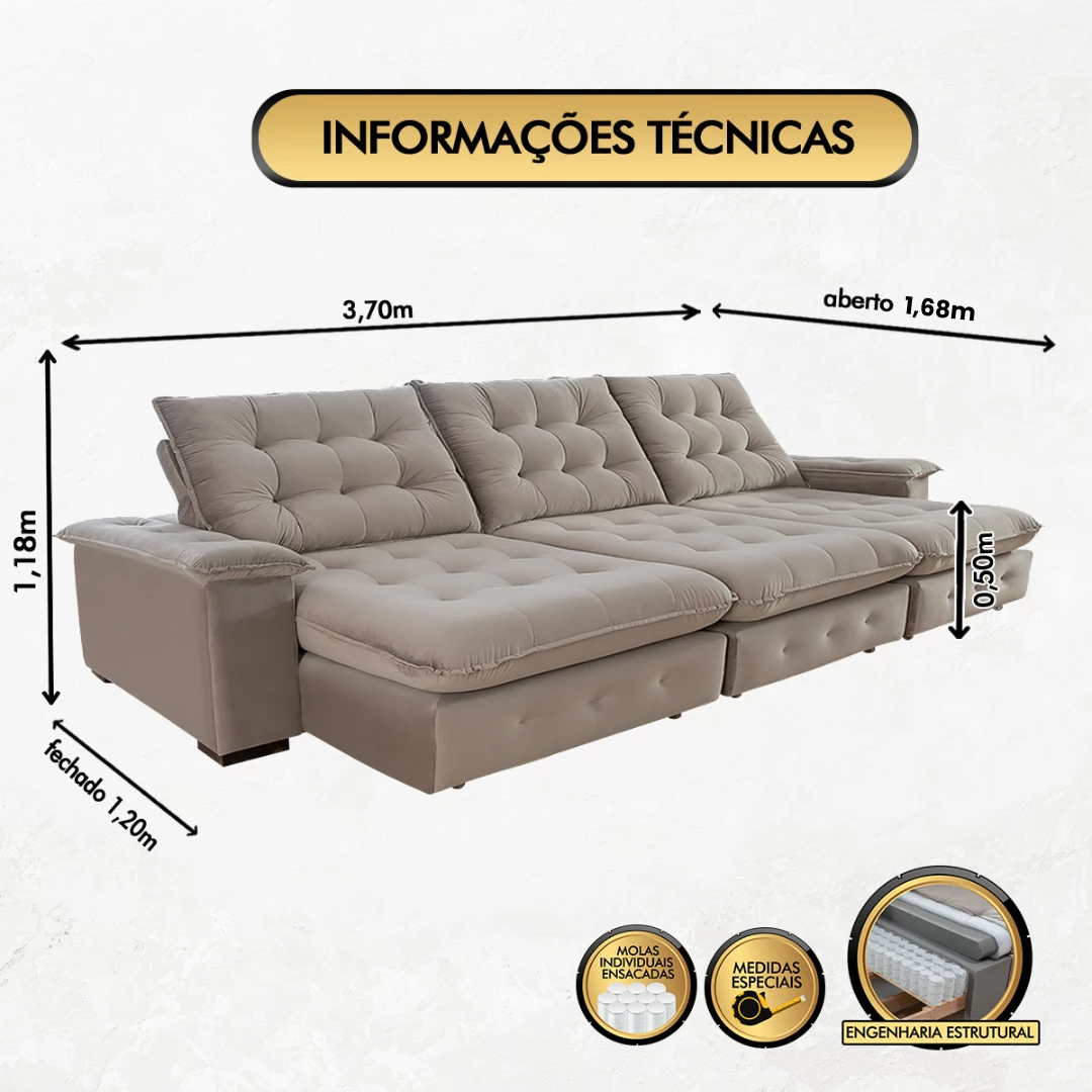 Sofá Coliseu 3,70m Retrátil e Reclinável Super Pillow - Bege