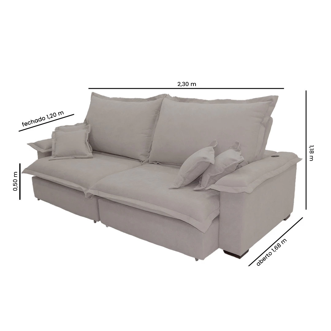 Sofá Paris 2,30m Retrátil e Reclinável Super Pillow  -avelã