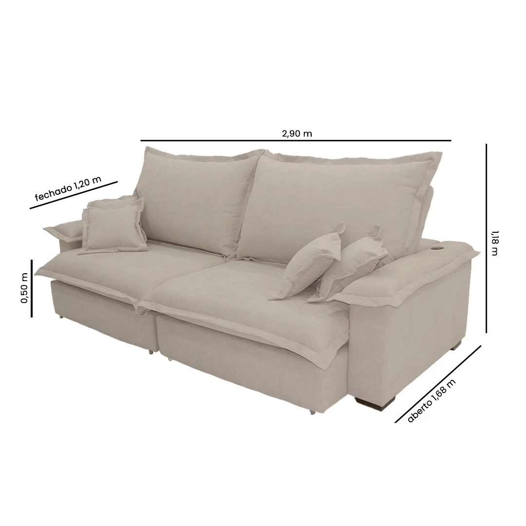 Sofá Paris 2,90m Retrátil e Reclinável Super Pillow -bege