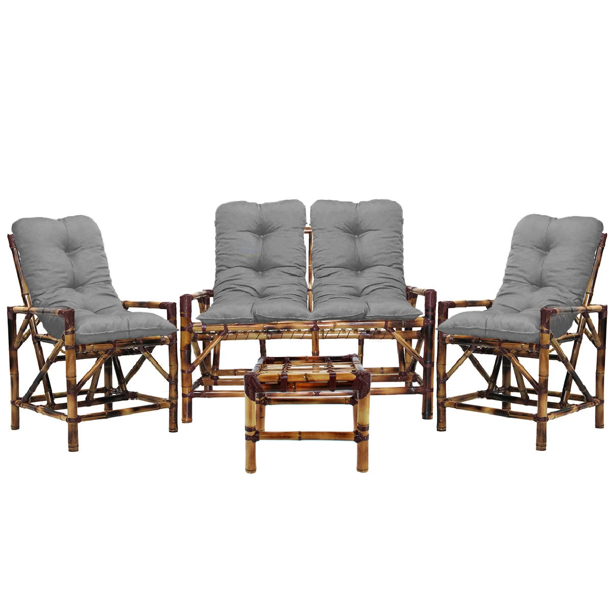 Conjunto de Cadeiras com namoradeira de Madeira Bambu para Área com almofadas e Mesa de centro C3