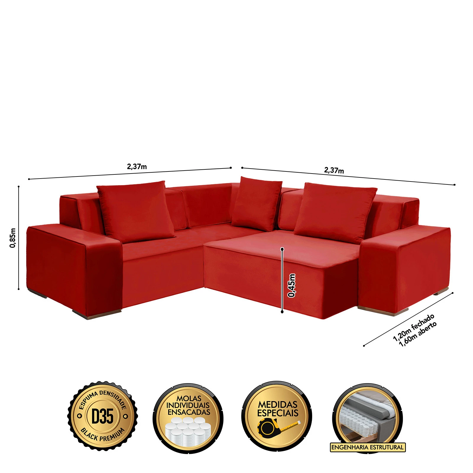 Sofá Dubai 2,37x2,37m de Canto Retrátil - Vermelho
