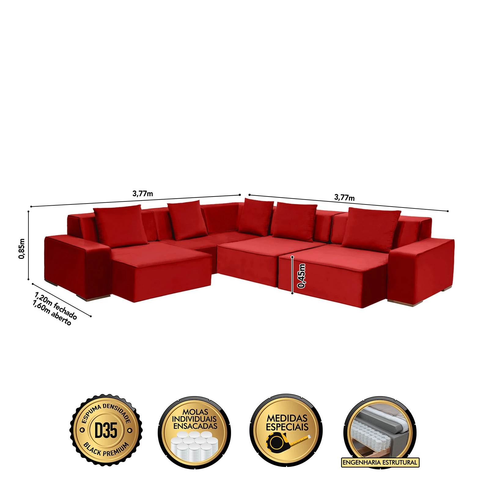 Sofá Dubai 3,77x3,77m de Canto Retrátil - Vermelho