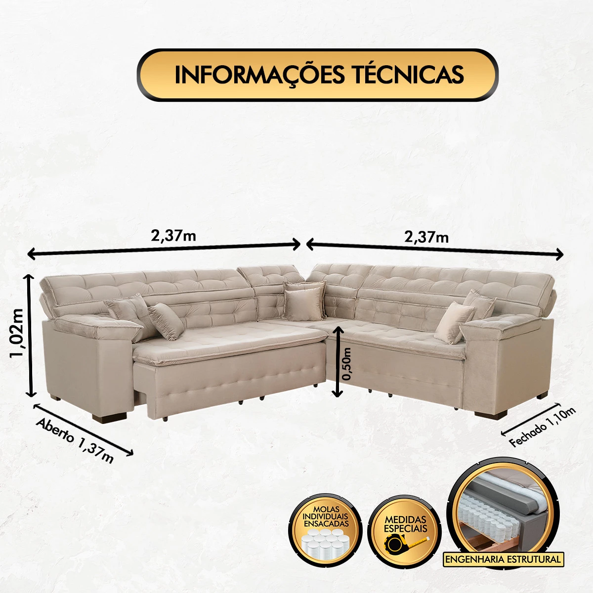Sofá Magno 2,37x2,37m de Canto, Retrátil e Reclinável - Bege