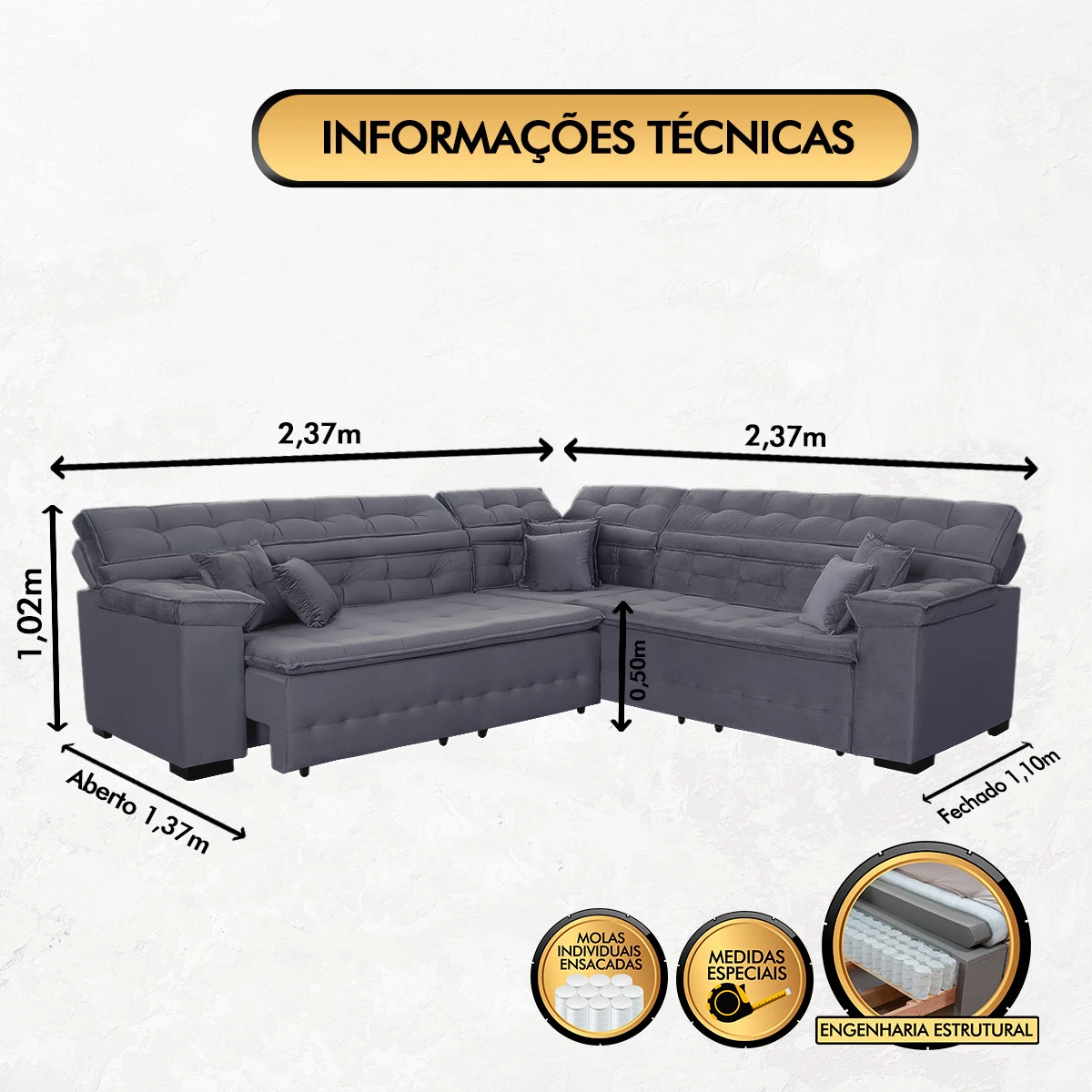 Sofá Magno 2,37x2,37m de Canto, Retrátil e Reclinável - Chumbo