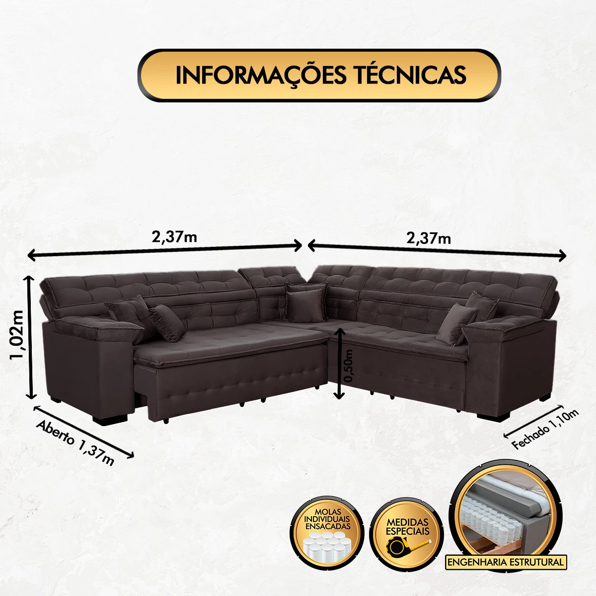 Sofá Magno 2,37x2,37m de Canto, Retrátil e Reclinável - Marrom