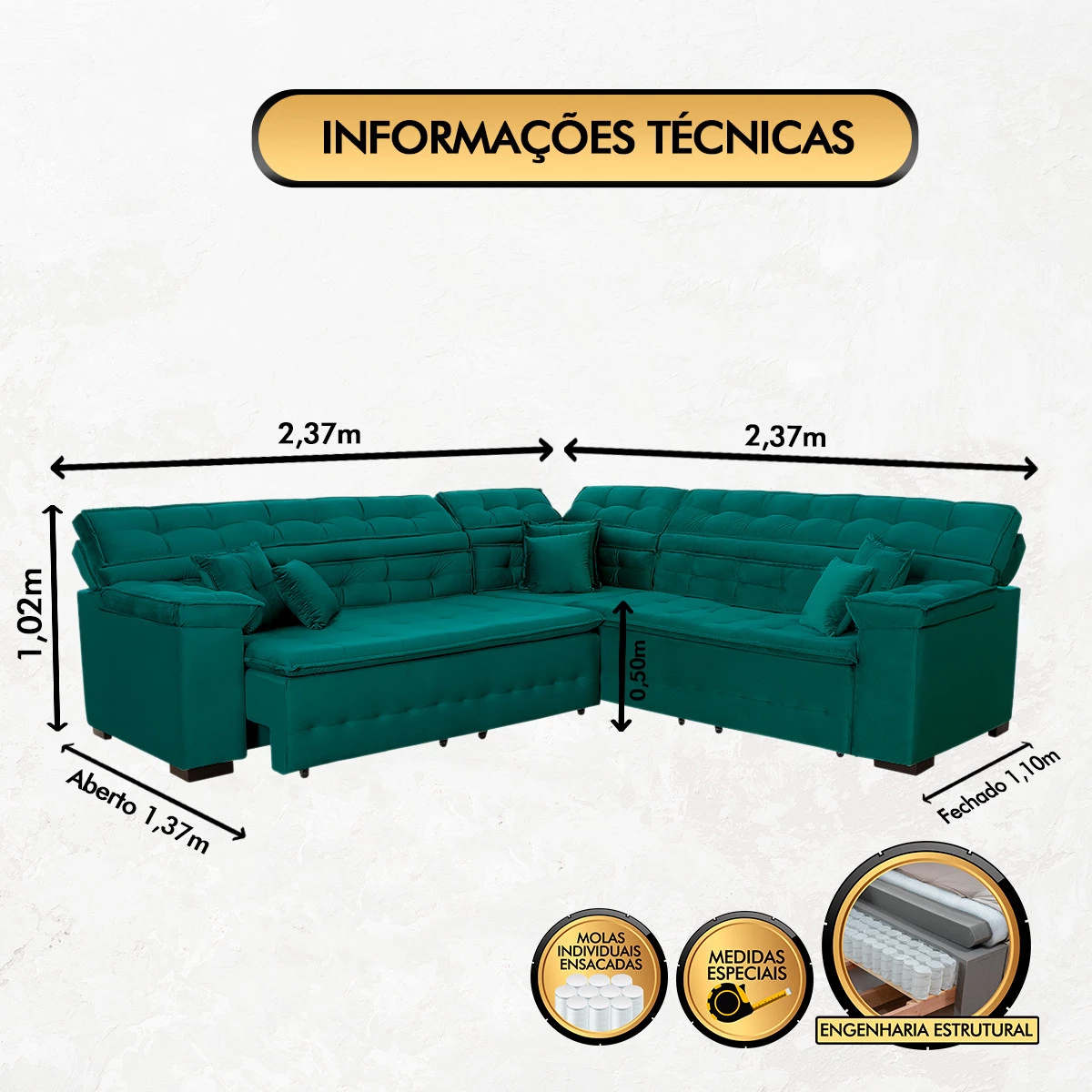 Sofá Magno 2,37x2,37m de Canto, Retrátil e Reclinável - Verde