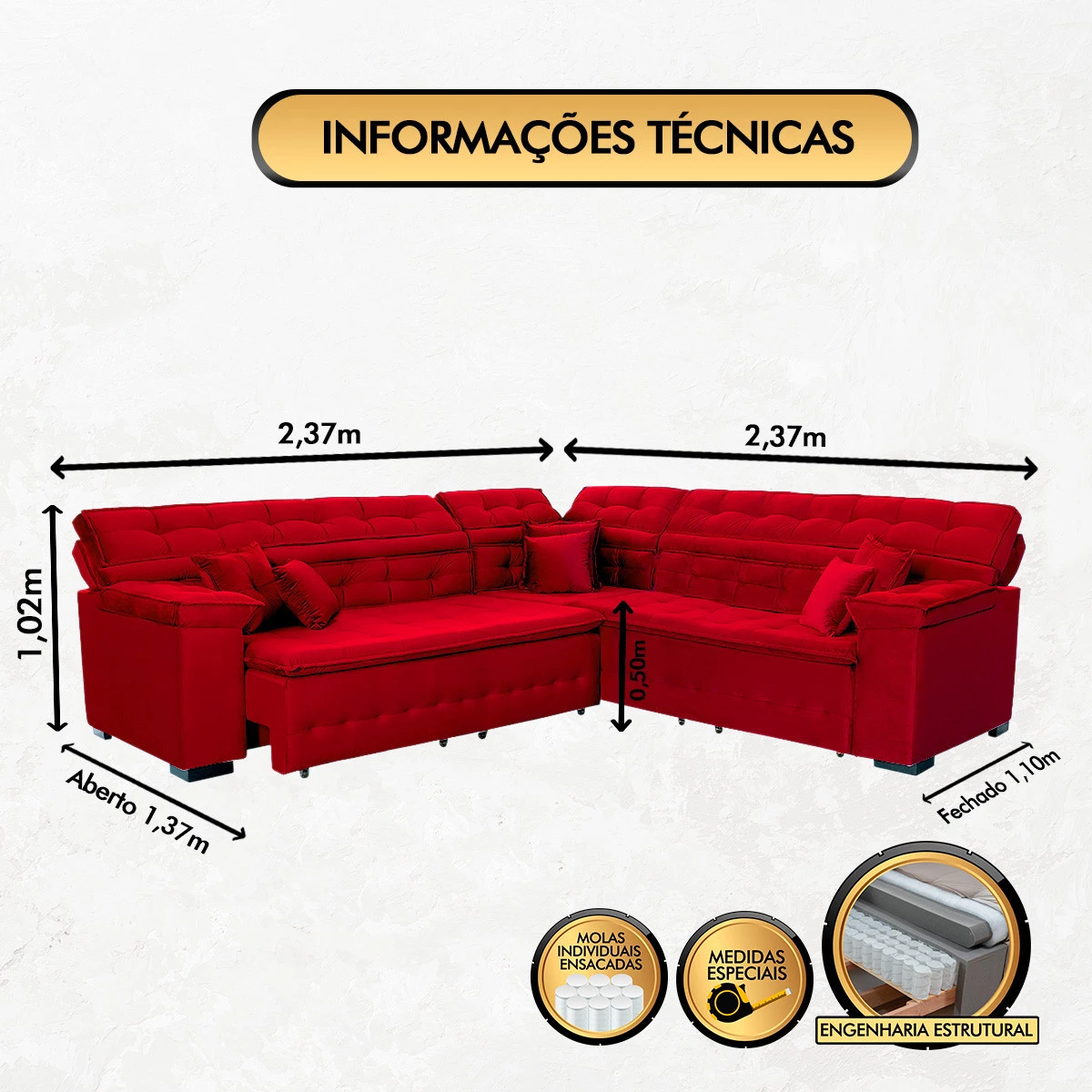 Sofá Magno 2,37x2,37m de Canto, Retrátil e Reclinável - Vermelho