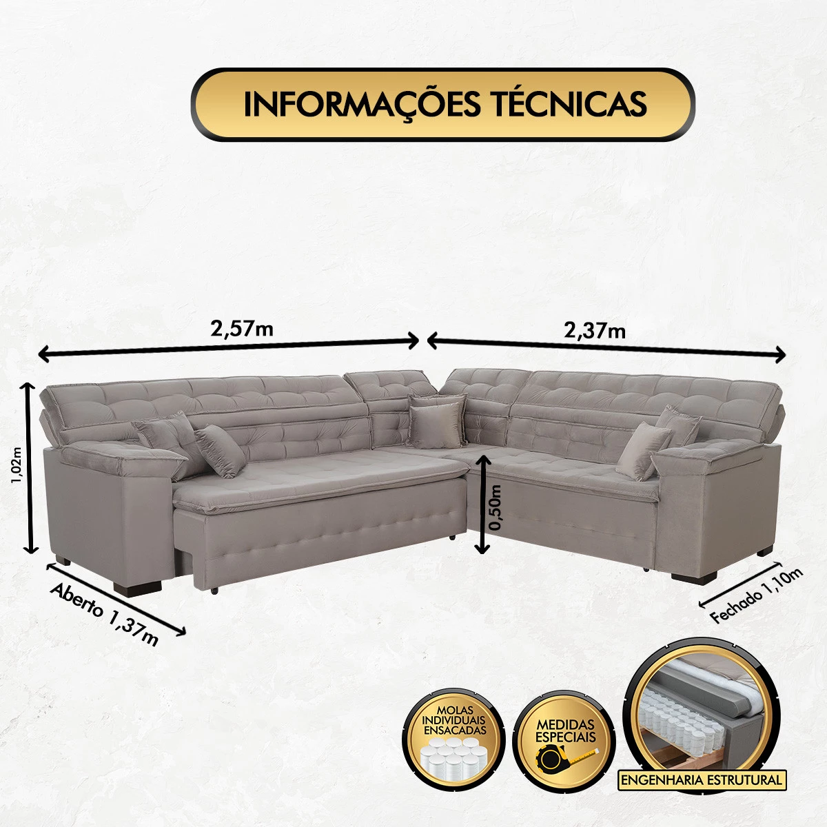 Sofá Magno 2,57x2,37m de Canto, Retrátil e Reclinável - Avelã