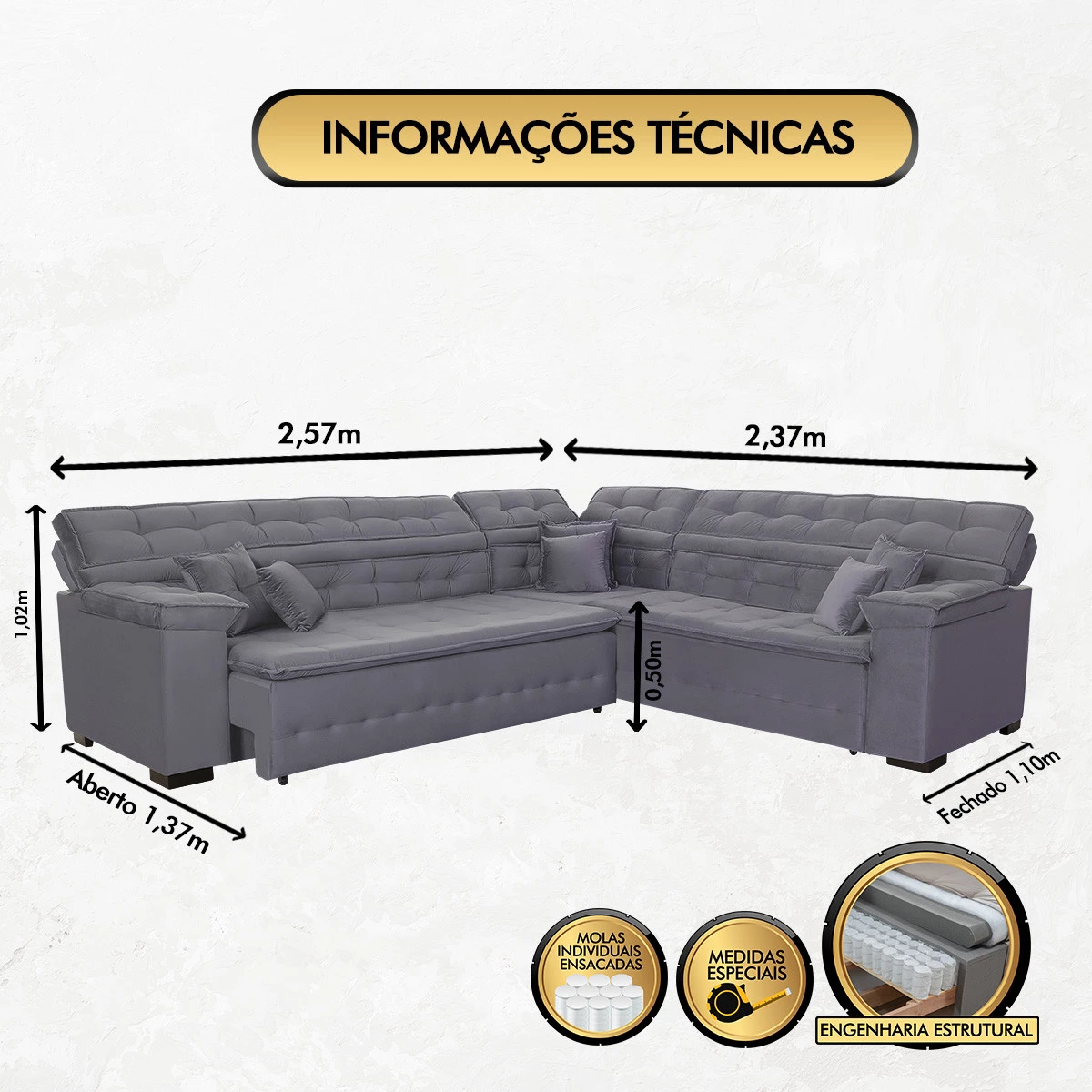 Sofá Magno 2,57x2,37m de Canto, Retrátil e Reclinável - Chumbo