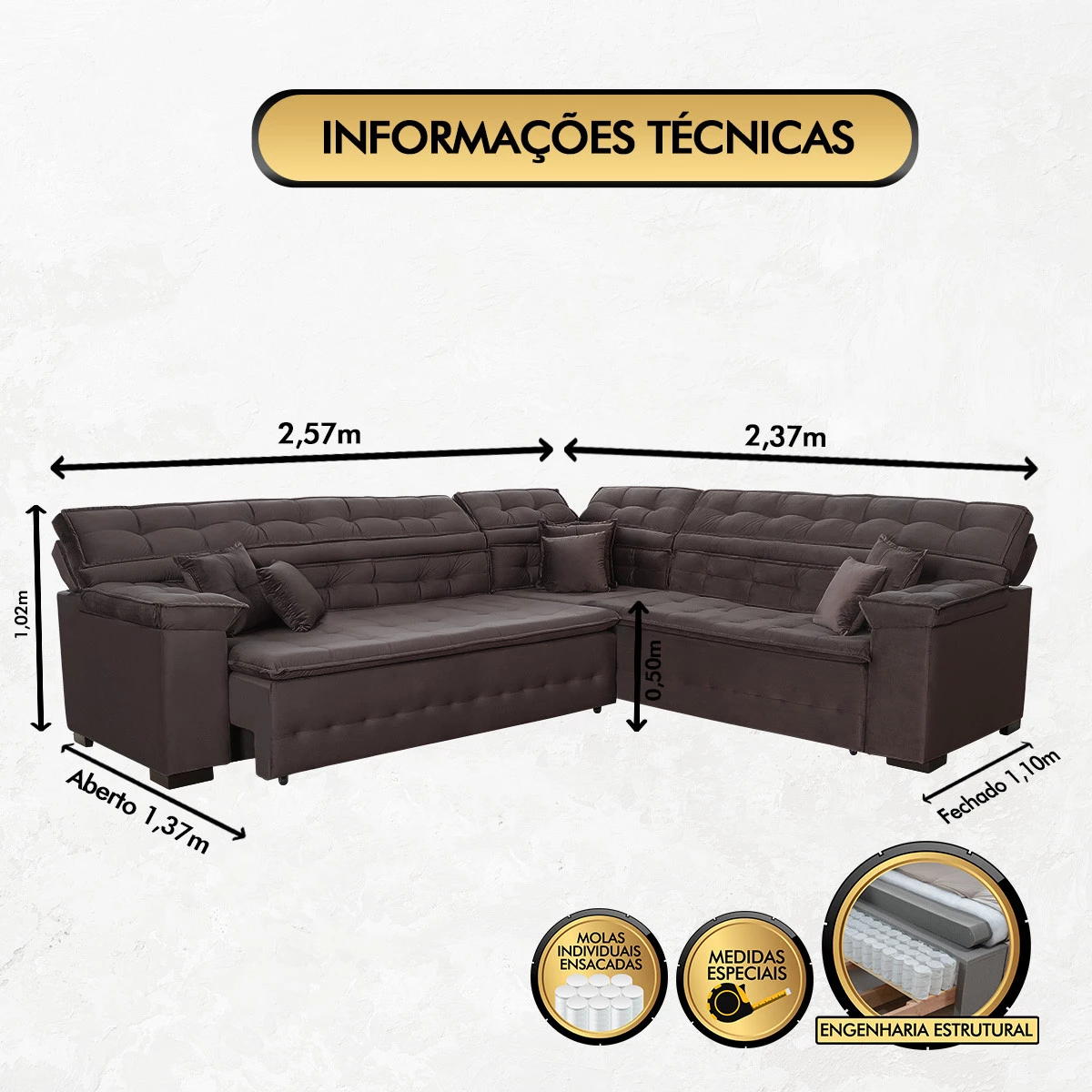 Sofá Magno 2,57x2,37m de Canto, Retrátil e Reclinável - Marrom