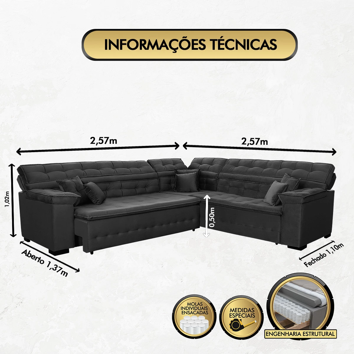 Sofá Magno 2,57x2,57m de Canto, Retrátil e Reclinável - Preto