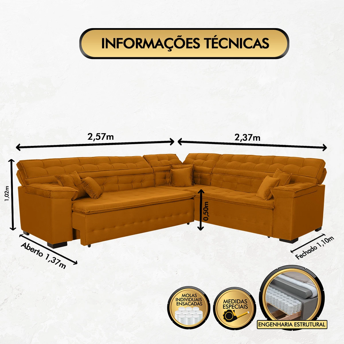 Sofá Magno 2,57x2,37m de Canto, Retrátil e Reclinável - Terra