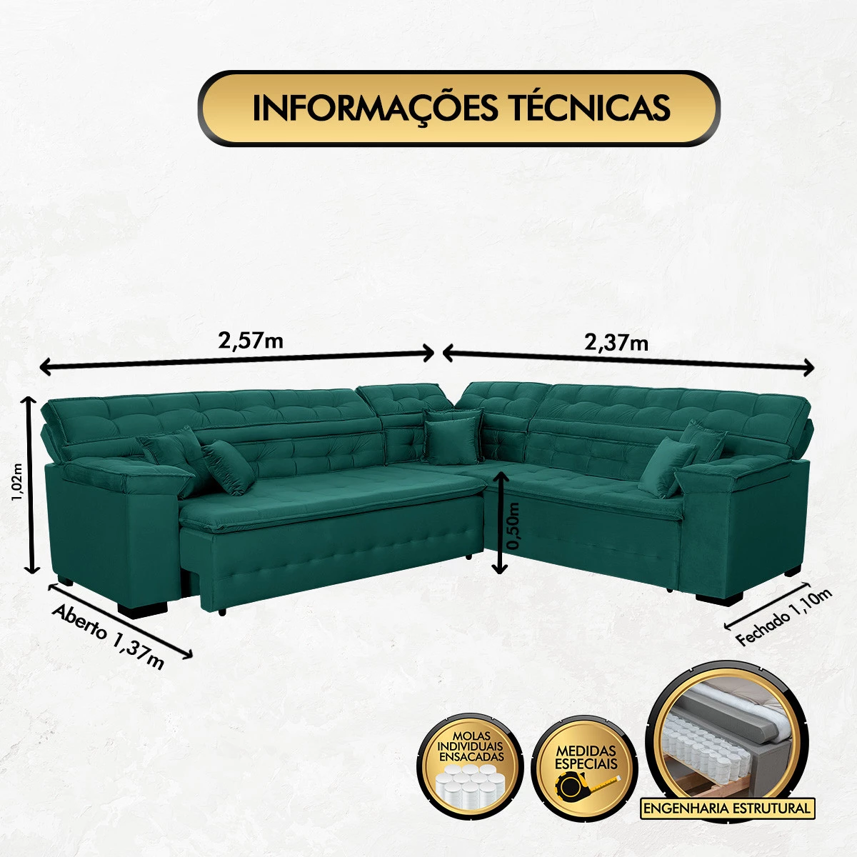 Sofá Magno 2,57x2,37m de Canto, Retrátil e Reclinável - Verde