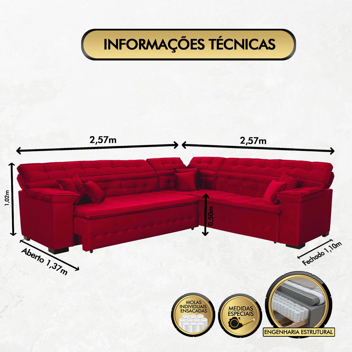 Sofá Magno 2,57x2,57m de Canto, Retrátil e Reclinável - Vermelho