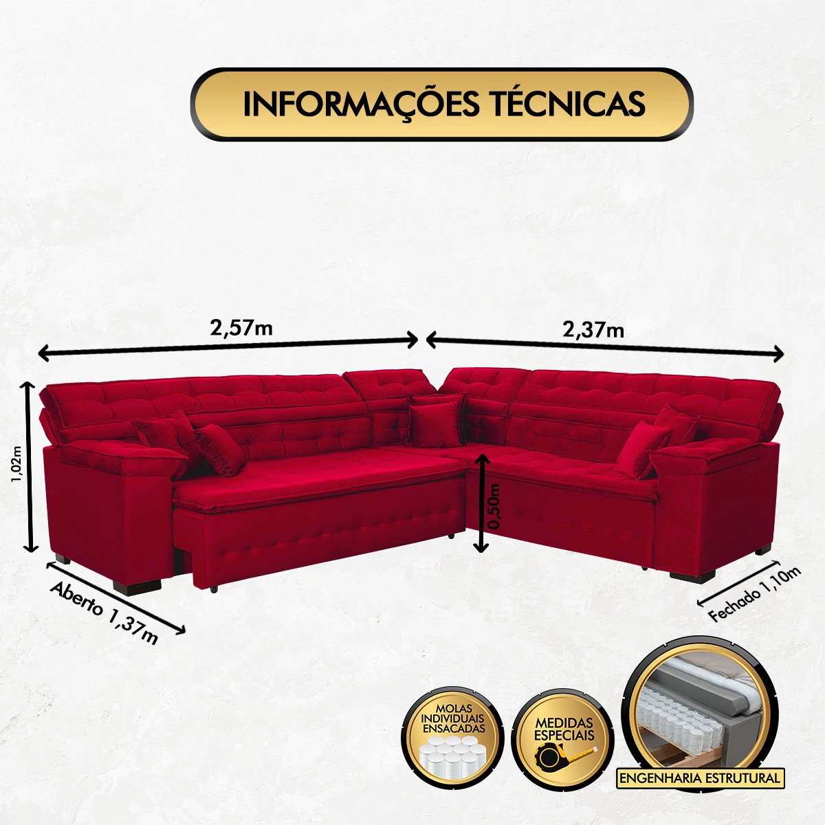 Sofá Magno 2,57x2,37m de Canto, Retrátil e Reclinável - Vermelho