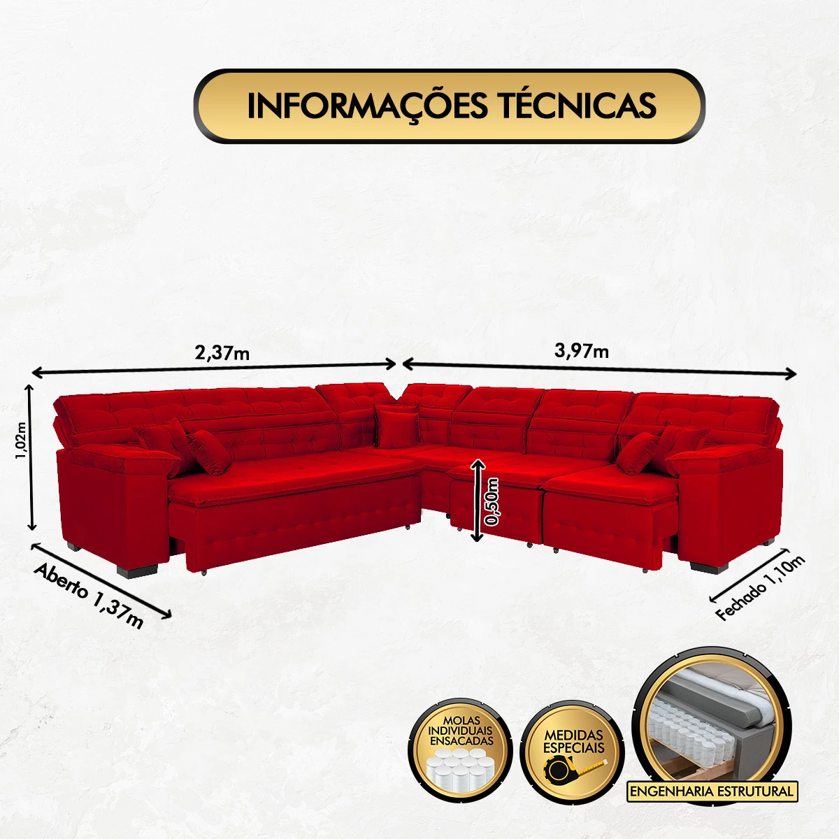 Sofá Magno 2,37x3,97m de Canto, Retrátil e Reclinável - Vermelho
