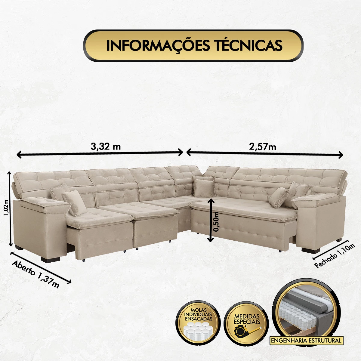 Sofá Magno 3,32x2,57m de Canto, Retrátil e Reclinável - Bege