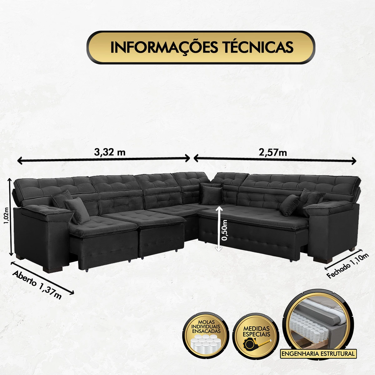 Sofá Magno 3,32x2,57m de Canto, Retrátil e Reclinável - Preto