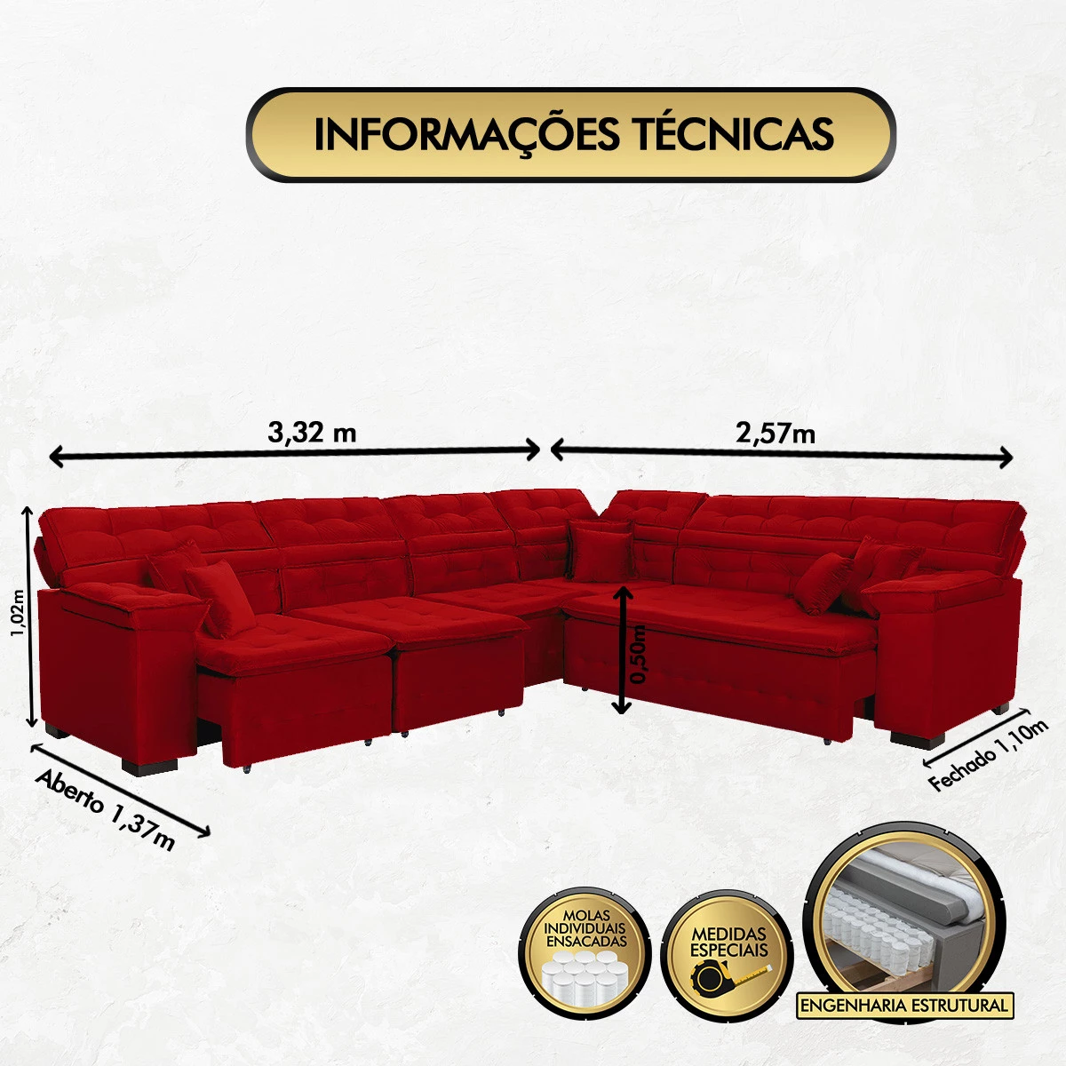Sofá Magno 3,32x2,57m de Canto, Retrátil e Reclinável - Vermelho