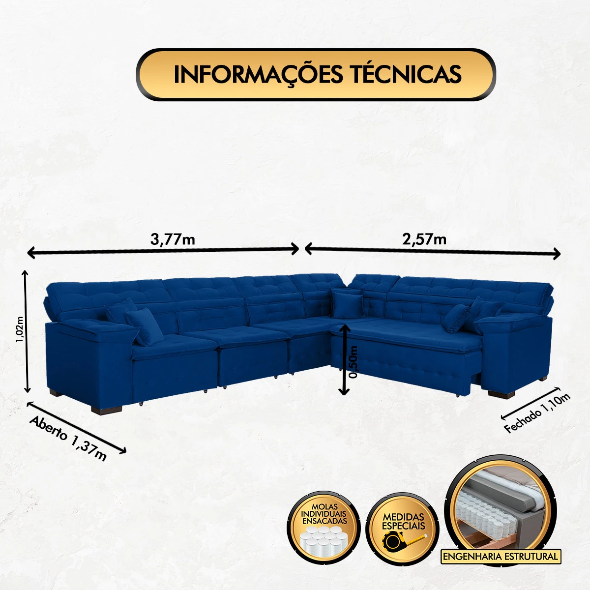Sofá Magno 3,77x2,57m de Canto, Retrátil e Reclinável - Azul