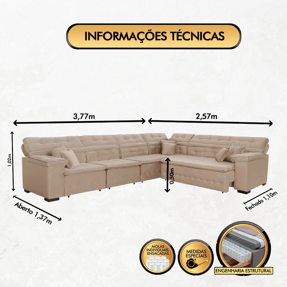 Sofá Magno 3,77x2,57m de Canto, Retrátil e Reclinável - Bege