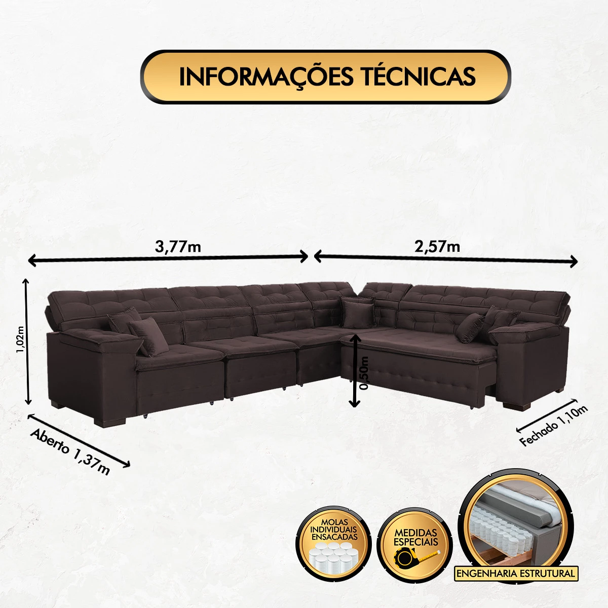 Sofá Magno 3,77x2,57m de Canto, Retrátil e Reclinável - Marrom