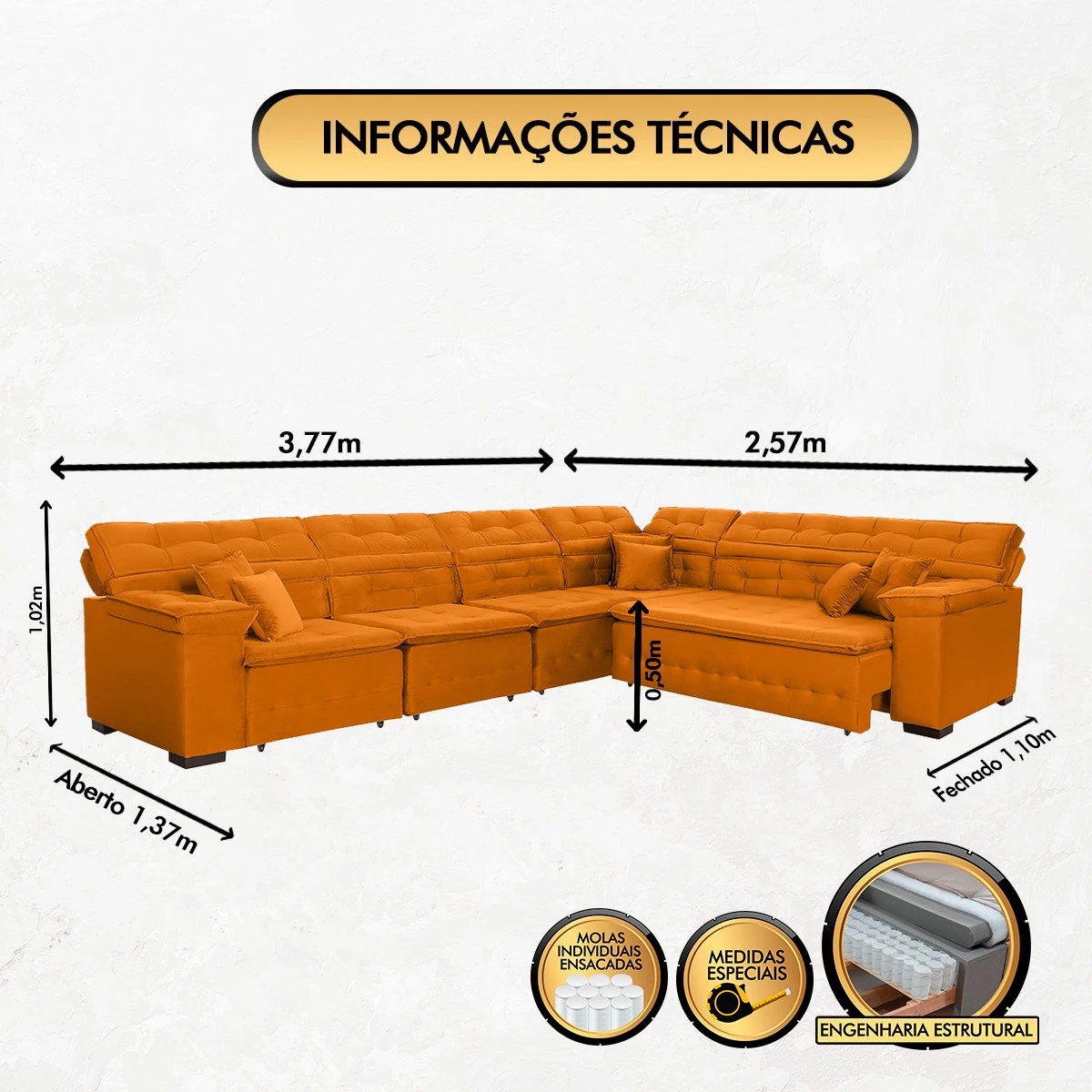 Sofá Magno 3,77x2,57m de Canto, Retrátil e Reclinável - Terra