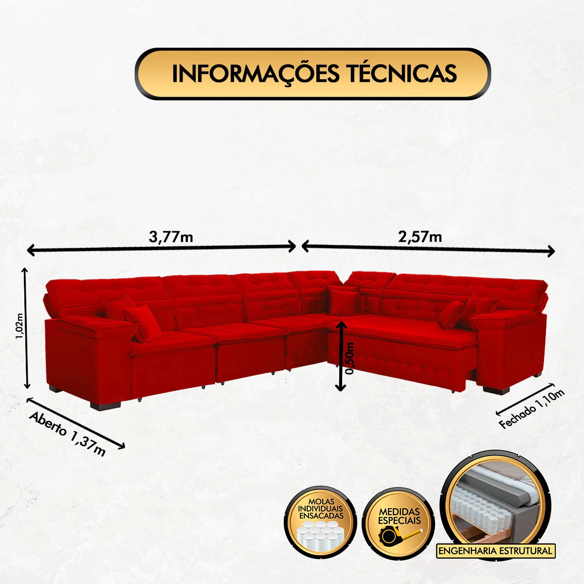 Sofá Magno 3,77x2,57m de Canto, Retrátil e Reclinável - Vermelho