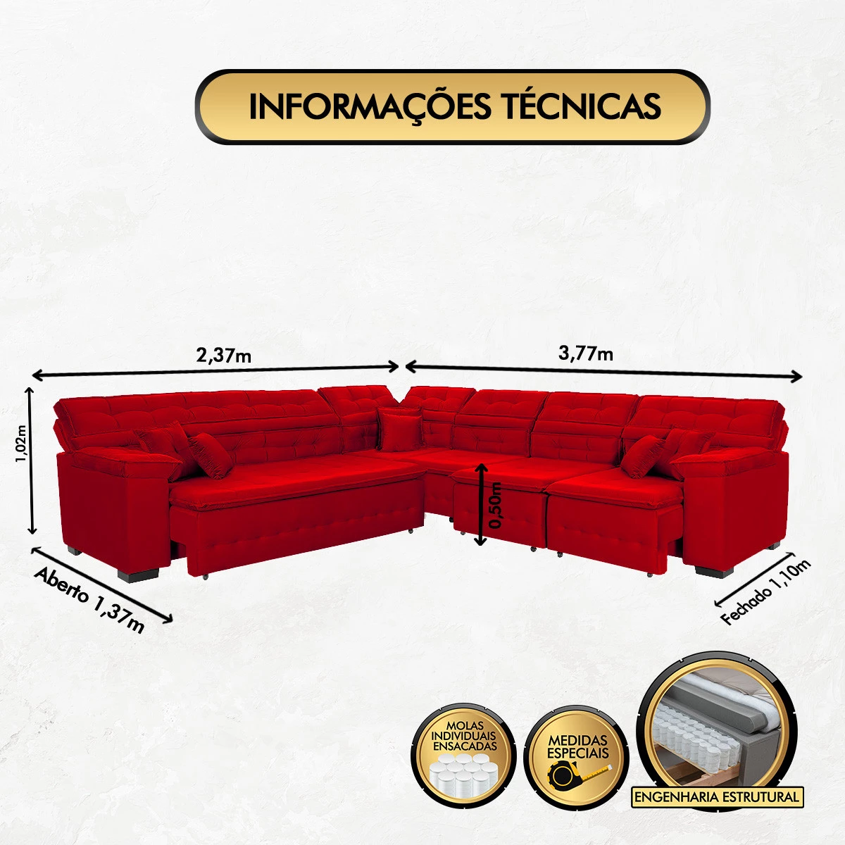 Sofá Magno 2,37x3,77m de Canto, Retrátil e Reclinável - Vermelho