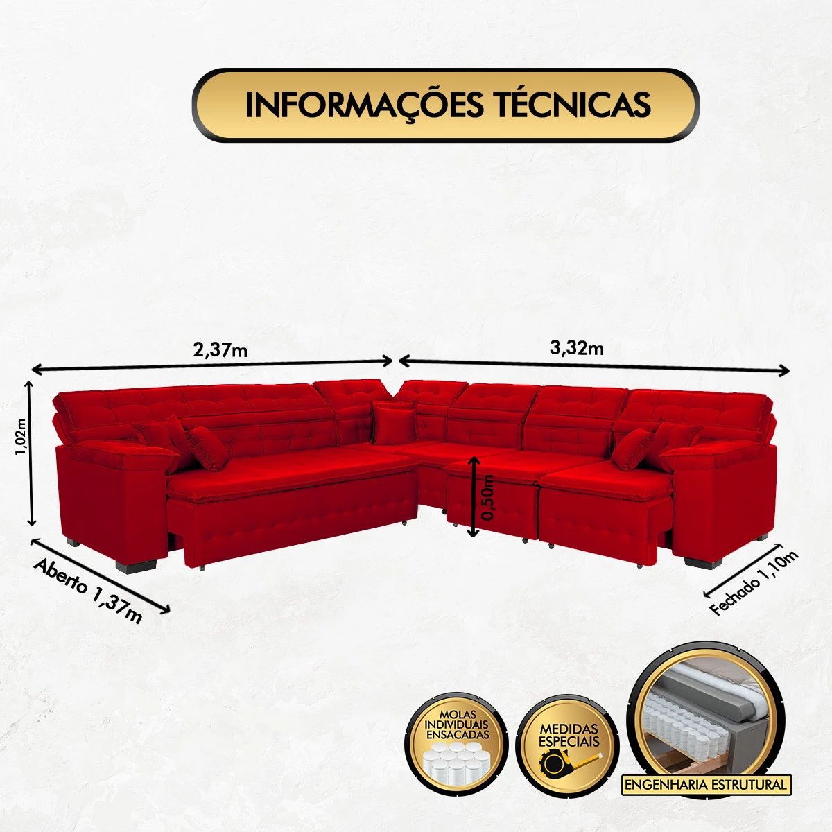 Sofá Magno 2,37x3,32m de Canto, Retrátil e Reclinável - Vermelho