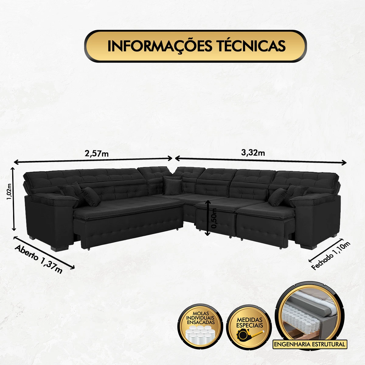 Sofá Magno 2,57x3,32m de Canto, Retrátil e Reclinável - Preto