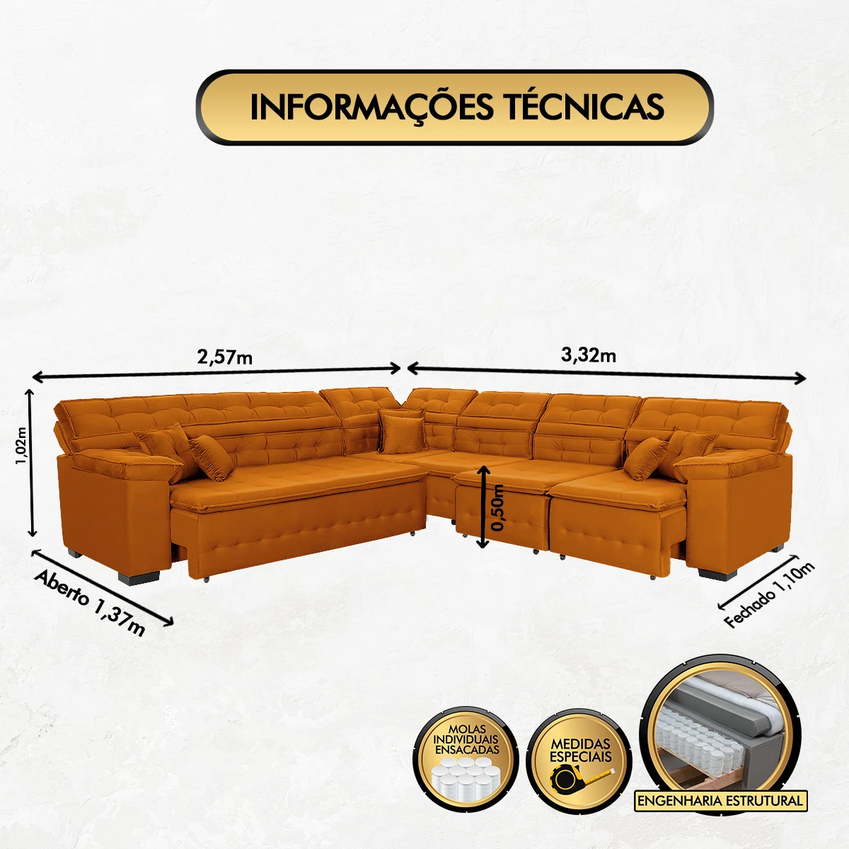 Sofá Magno 2,57x3,32m de Canto, Retrátil e Reclinável - Terra