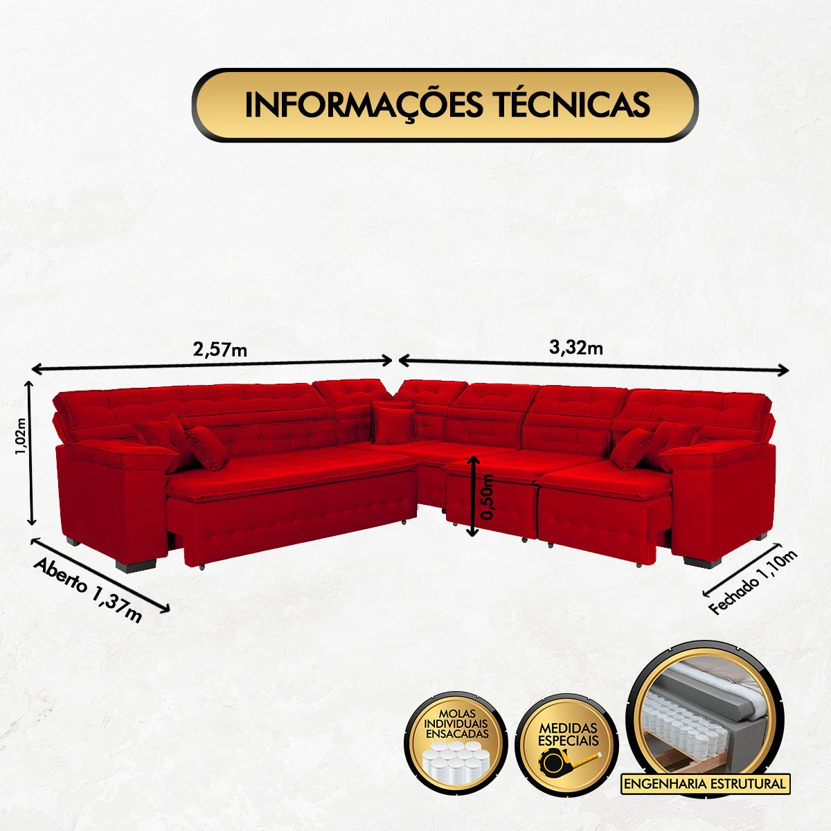 Sofá Magno 2,57x3,32m de Canto, Retrátil e Reclinável - Vermelho