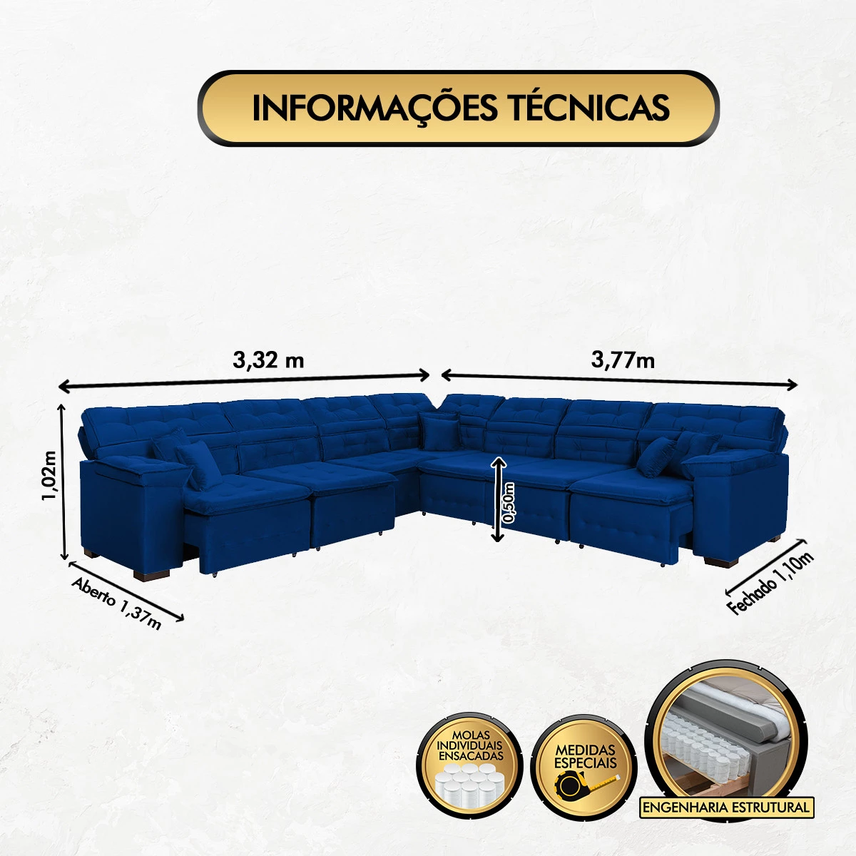 Sofá Magno 3,32x3,77m de Canto, Retrátil e Reclinável - Azul