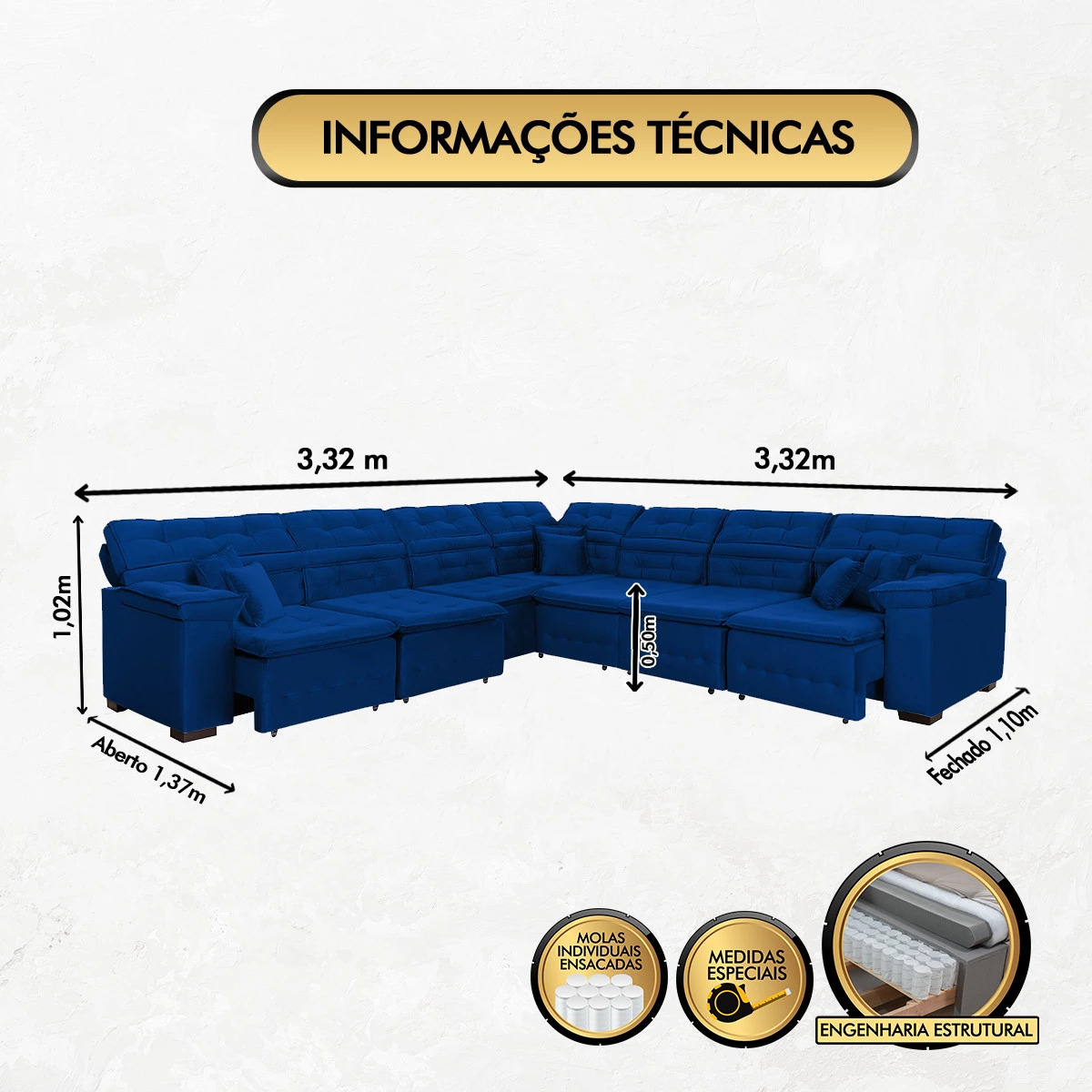Sofá Magno 3,32x3,32m de Canto, Retrátil e Reclinável - Azul