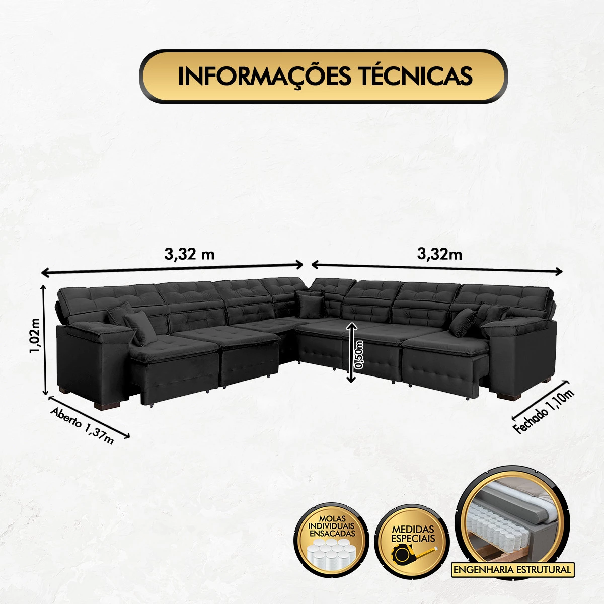 Sofá Magno 3,32x3,32m de Canto, Retrátil e Reclinável - Preto