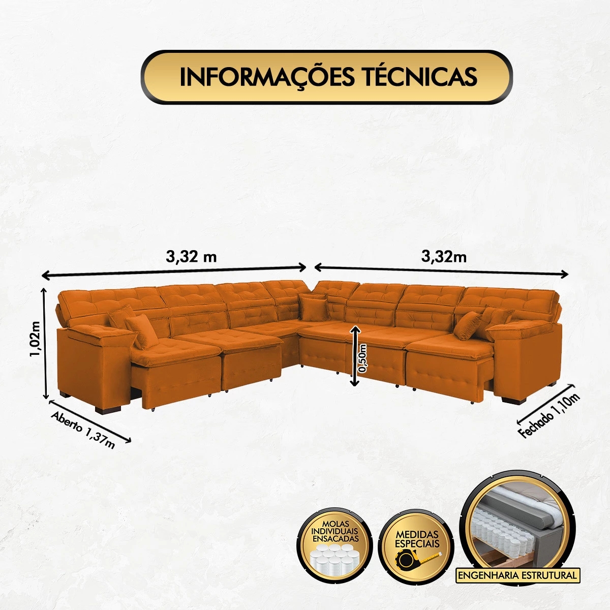 Sofá Magno 3,32x3,32m de Canto, Retrátil e Reclinável - Terra