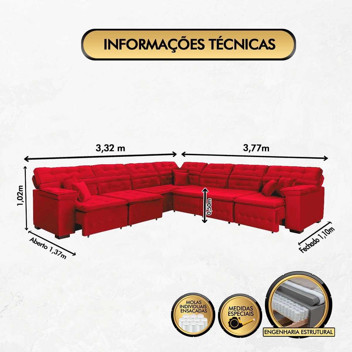 Sofá Magno 3,32x3,77m de Canto, Retrátil e Reclinável - Vermelho