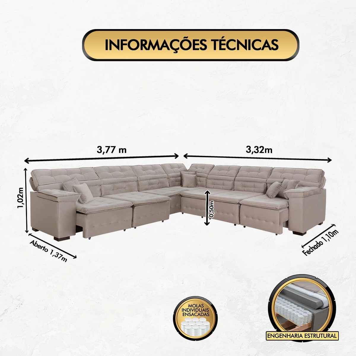 Sofá Magno 3,77x3,32m de Canto, Retrátil e Reclinável - Avelã