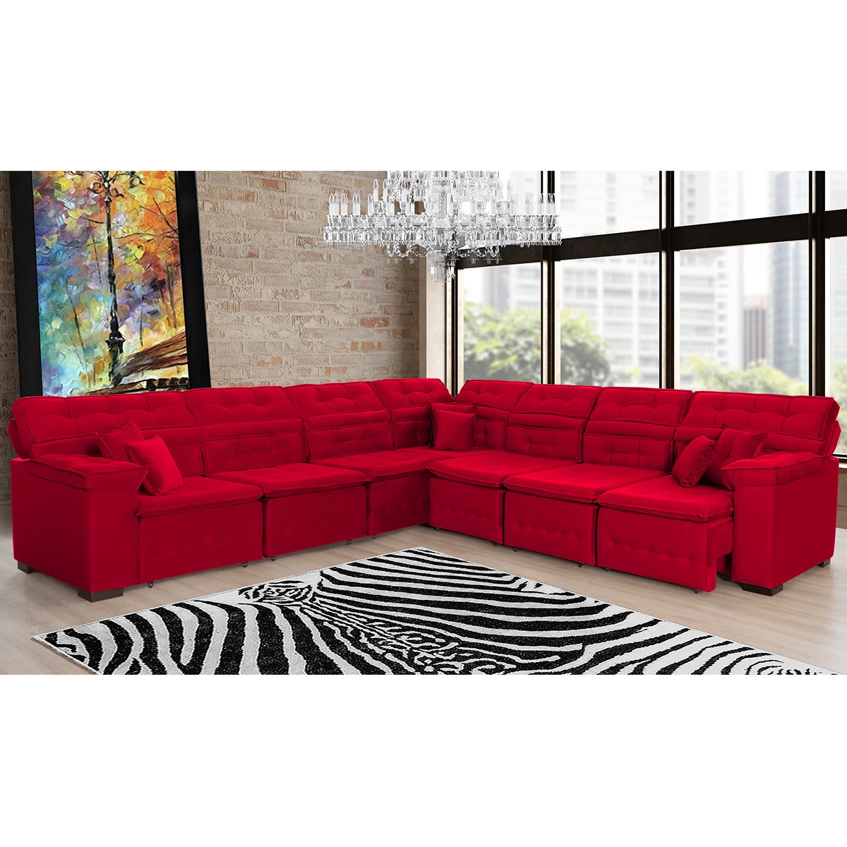 Sofá Magno 3,77x3,32m de Canto, Retrátil e Reclinável - Vermelho