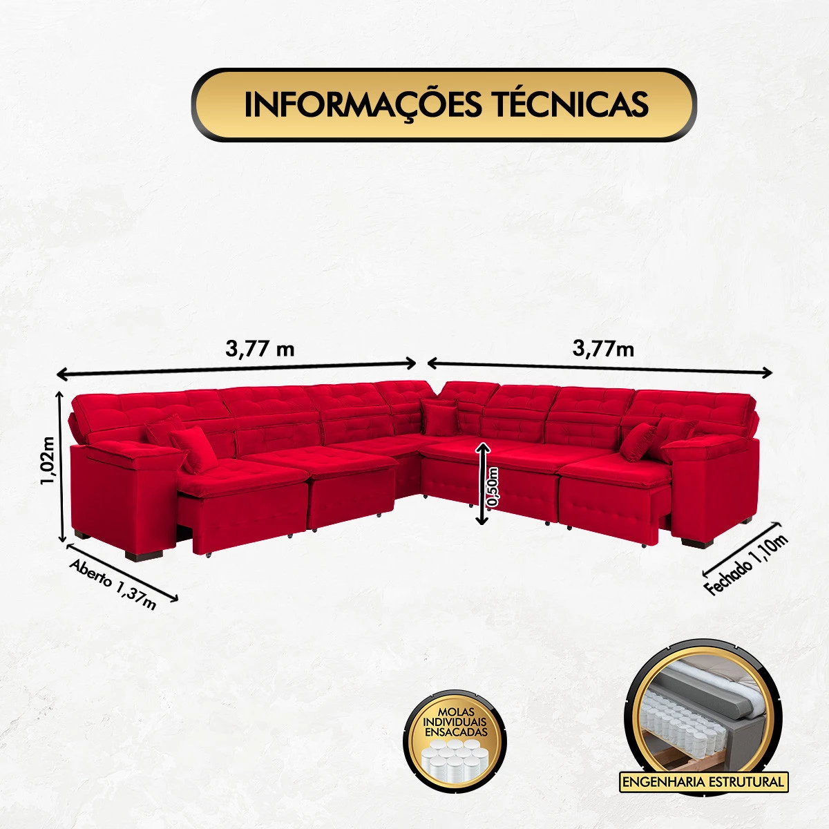 Sofá Magno 3,77x3,77m de Canto, Retrátil e Reclinável