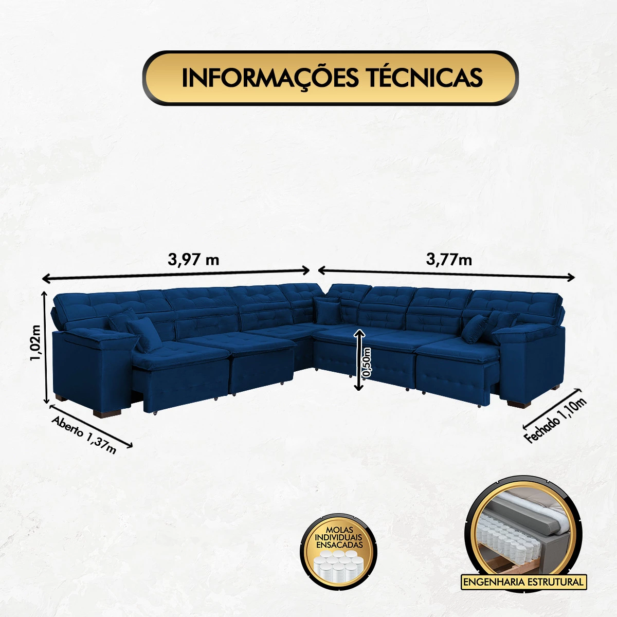 Sofá Magno 3,97x3,77m de Canto, Retrátil e Reclinável - Azul