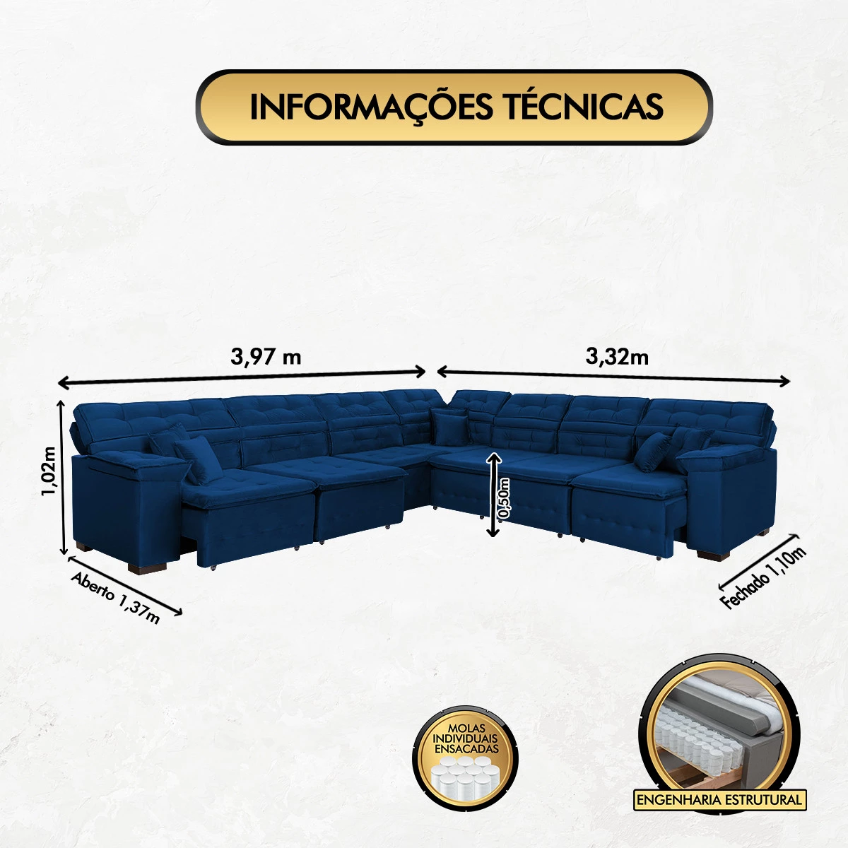 Sofá Magno 3,97x3,32m de Canto, Retrátil e Reclinável - Azul